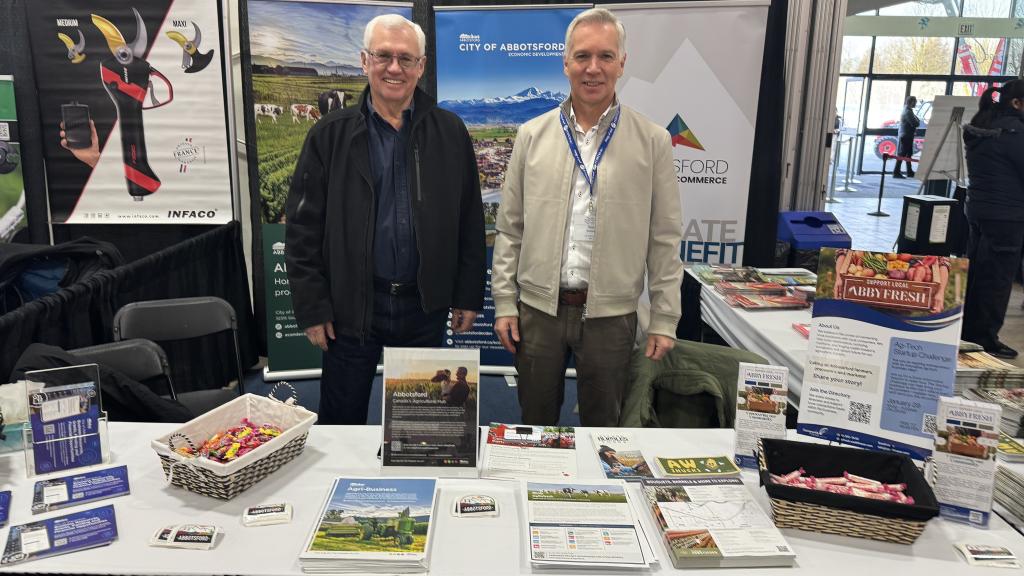 Mayor Siemens and former mayor Braun stopped by the City of Abbotsford’s booth at the Pacific Agriculture Show on Thursday.