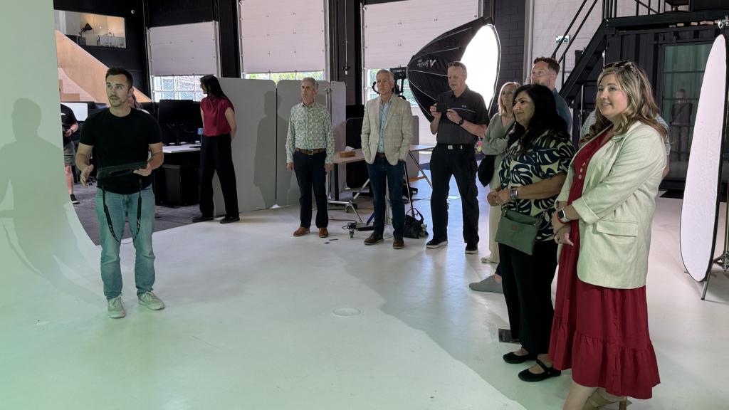 SitePartners director of production Jadon Plett shows Mayor Siemens and Councillors Gibson, Loewen, Ross, Chahal and Driessen around the studio during the June 18 Business Spotlight tour.