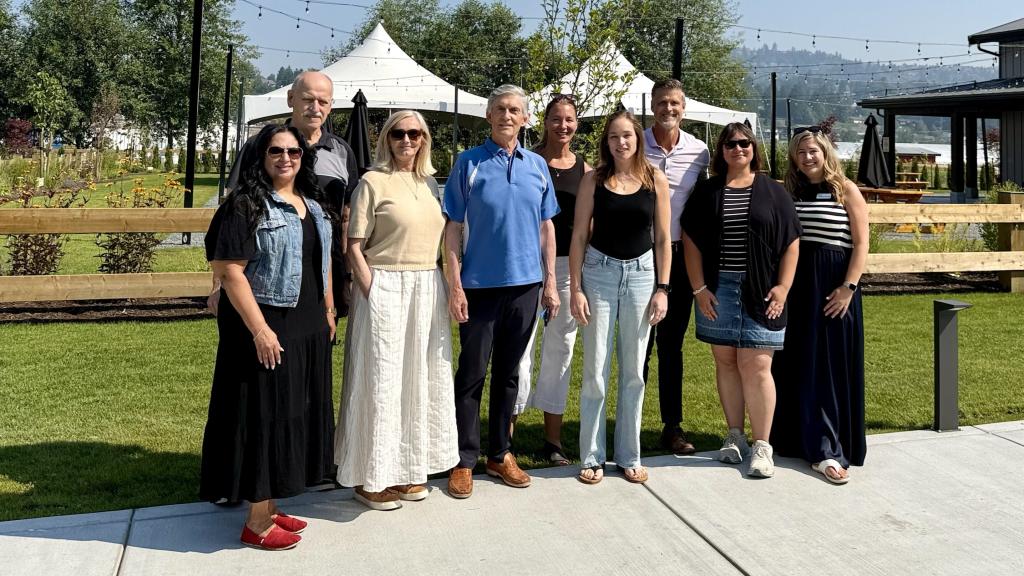 Councillors Chahal, Loewen, Ross, Gibson and Driessen with EcoFarm owners Bill and Helinda Vanderkooi, Farmhouse Brewing co-owner Colleen Neels and EcoFarm manager Nikki Easton during the July 22 Business Spotlight tour.