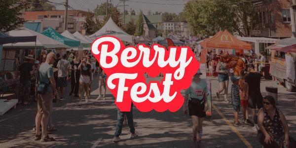 Busy outdoor street festival with people browsing vendor tents and food stalls, overlaid with bold “Berry Fest” text in the centre.