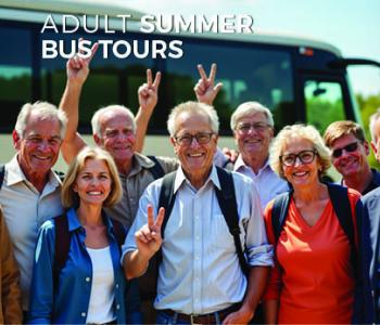 happy 55+ group in front of a bus