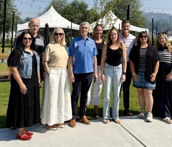 Councillors Chahal, Loewen, Ross, Gibson and Driessen with EcoFarm owners Bill and Helinda Vanderkooi, Farmhouse Brewing co-owner Colleen Neels and EcoFarm manager Nikki Easton during the Ecofarm Business Spotlight Tour.