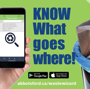 "Know What Goes Where!" app ad. Hand holding phone with Waste Wizard app open. Search bar, recycle symbol, and app store logos visible. Download link: abbotsford.ca/wastewizard