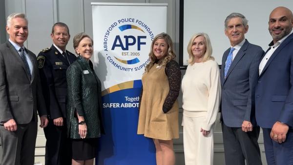Mayor Siemens and Councillors Driessen, Ross, Gibson and Sidhu with AbbyPD Chief Watson and Abbotsford Police Foundation president Blue at Crime is Toast on Oct. 8. Councillors Barkman, Chahal and Loewen also attended.