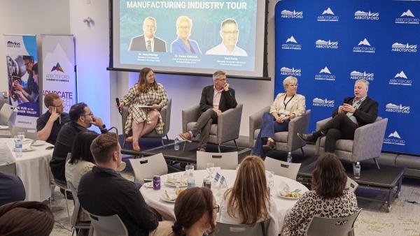 Abbotsford Chamber of Commerce CEO Alex Mitchell led a panel discussion with UFV President James Mandigo, StructureCraft Managing Structural Engineering Director Mark Porter, and UFV’s Dean of the Faculty of Applied and Technical Studies Teresa Kisilevich.
